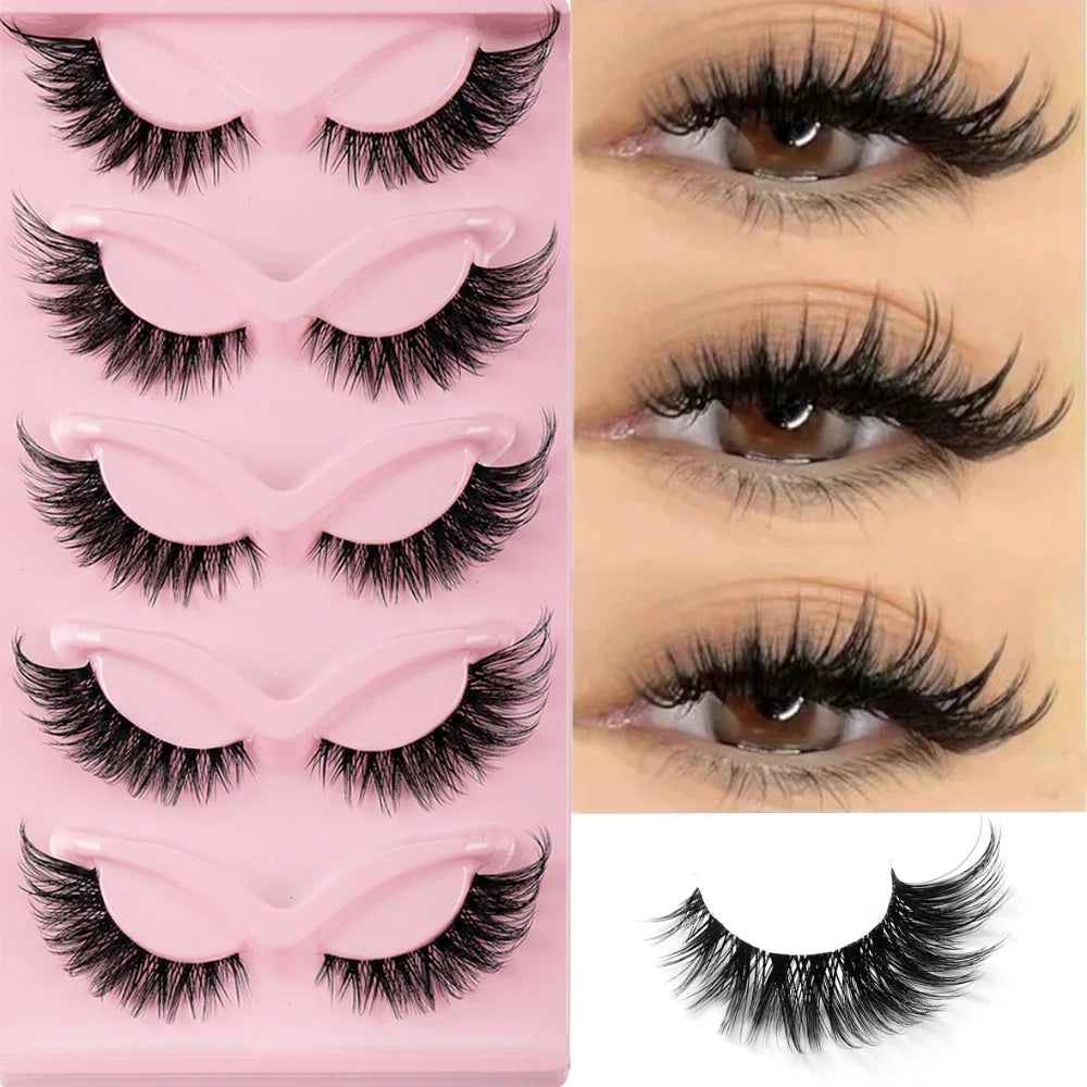 5 Pairs of Faux Mink Cat Eye Lashes - Natural Long Manga Style with Winged Ends for Enhanced Eye Elongation