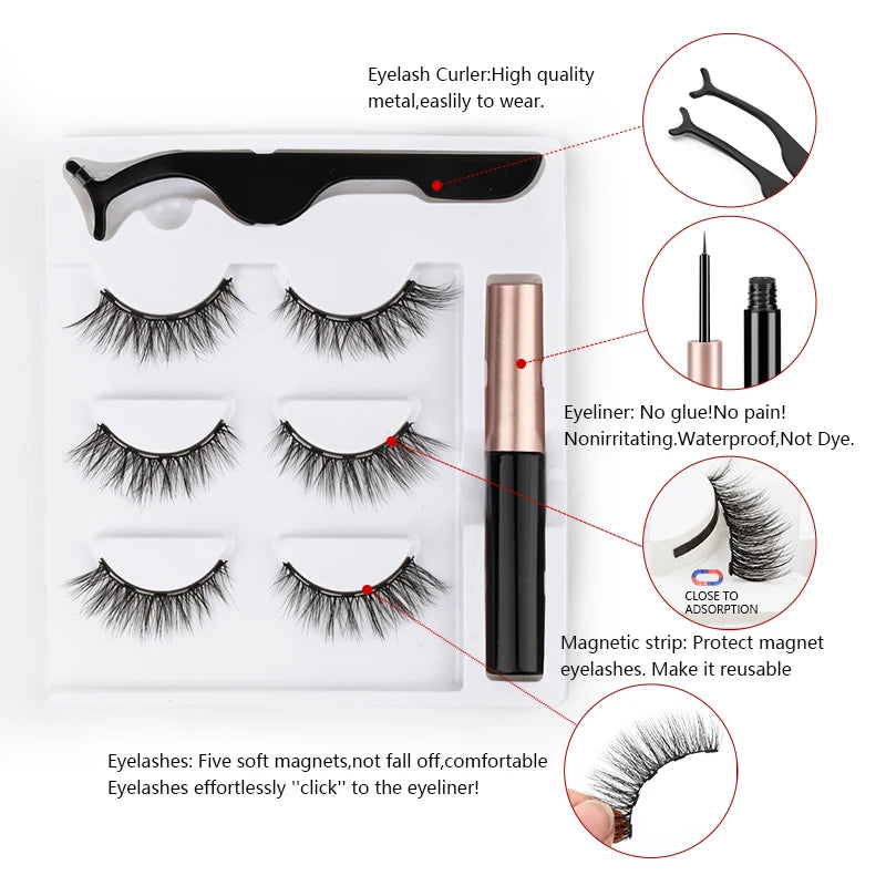 2/3/4 Pairs Magnetic Eyelashes Set Waterproof Liquid Eyeliner Tweezer Wispy False Eyelashes Dramatic 3D Mink Lashes Makeup Tools