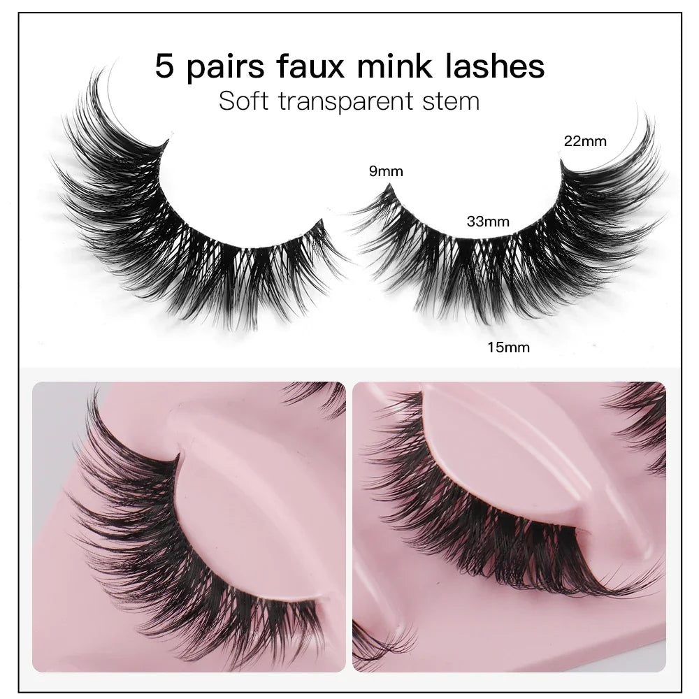 5 Pairs of Faux Mink Cat Eye Lashes - Natural Long Manga Style with Winged Ends for Enhanced Eye Elongation